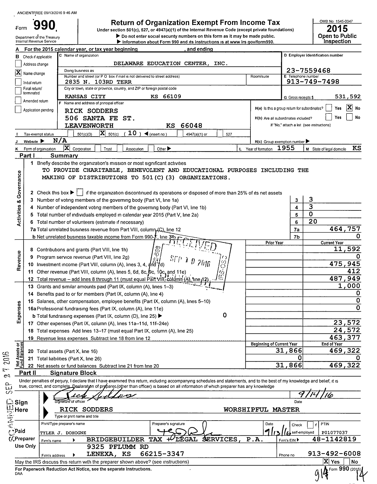 Image of first page of 2015 Form 990O for Ancient Free and Accepted Masons of Kansas - 96 Delaware