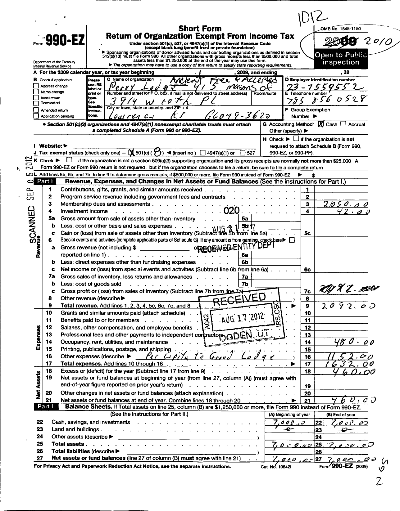 Image of first page of 2010 Form 990EO for Ancient Free and Accepted Masons of Kansas - 415 Perry