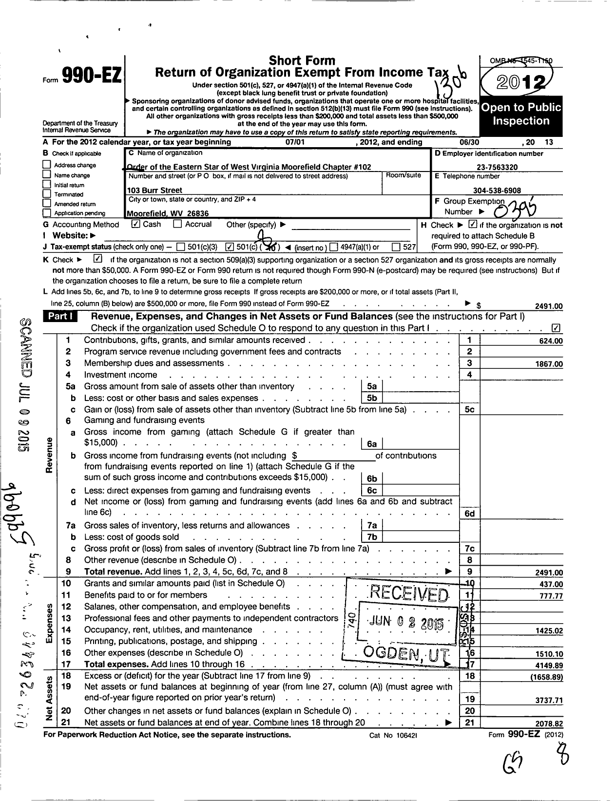 Image of first page of 2012 Form 990EO for Order of the Eastern Star of West Virginia