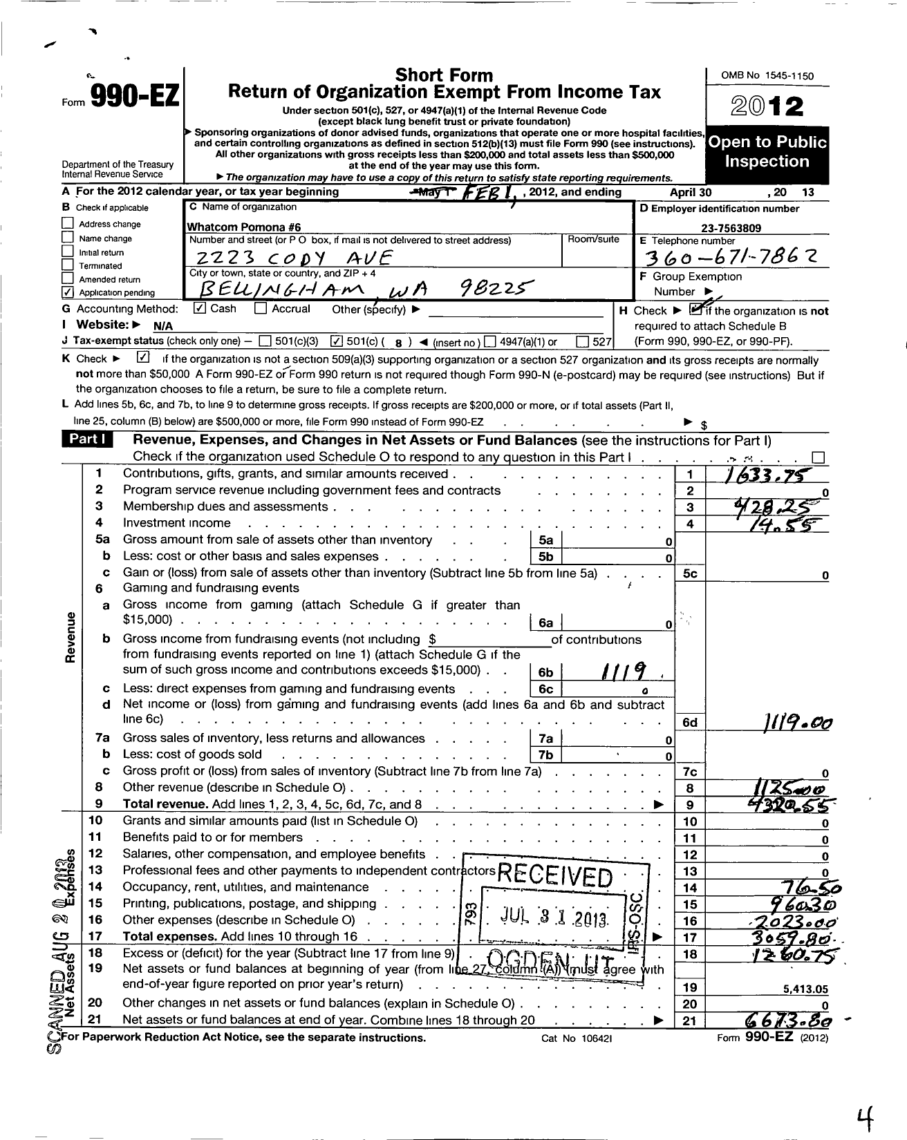 Image of first page of 2012 Form 990EO for Washington State Grange / 6 Whatcom PO