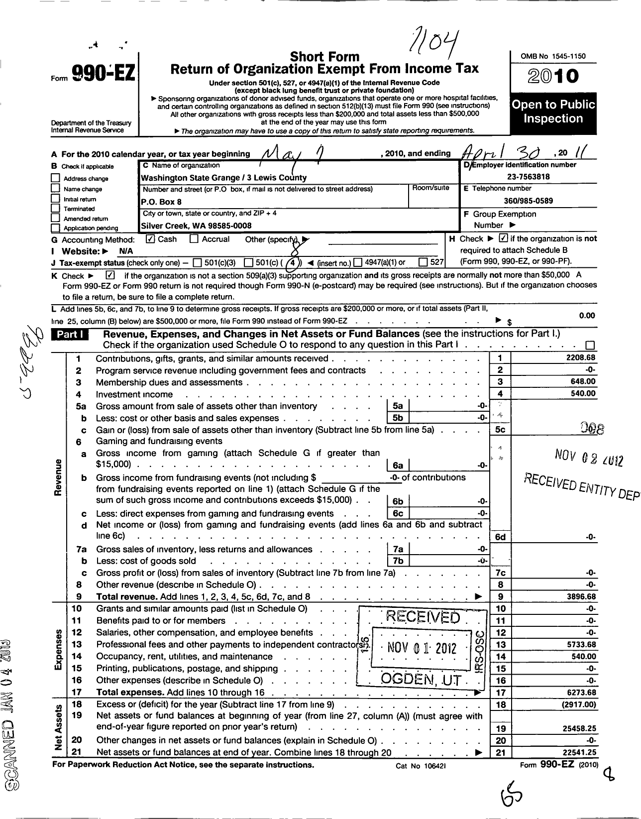 Image of first page of 2010 Form 990EO for Washington State Grange - 3 Lewis County Pomona