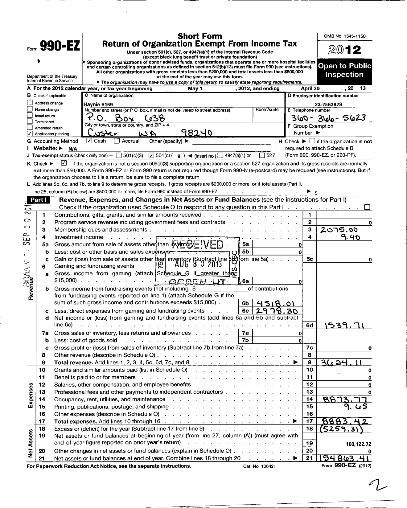 Image of first page of 2012 Form 990EO for Washington State Grange / 169 Haynie