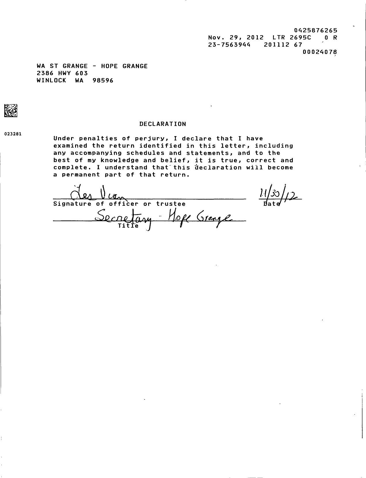 Image of first page of 2011 Form 990EOR for Washington State Grange - 155 Hope