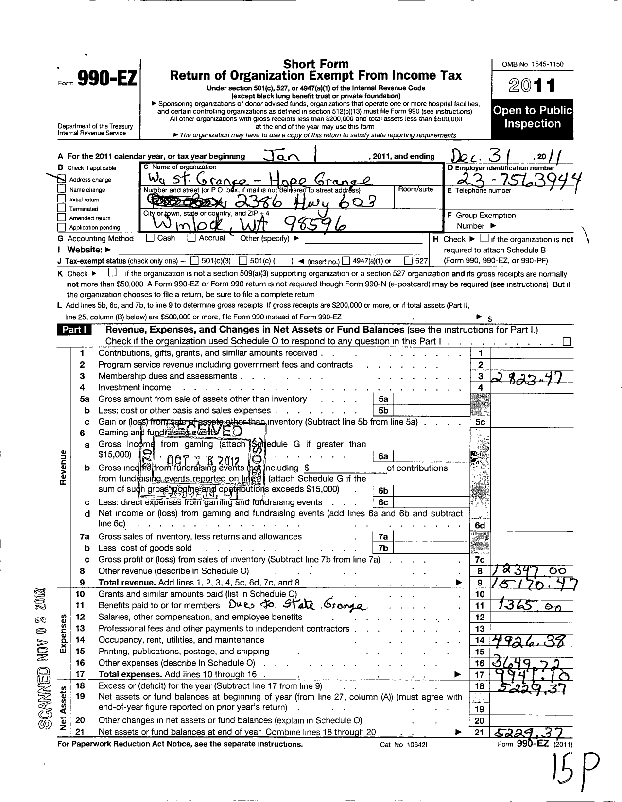 Image of first page of 2011 Form 990EO for Washington State Grange - 155 Hope