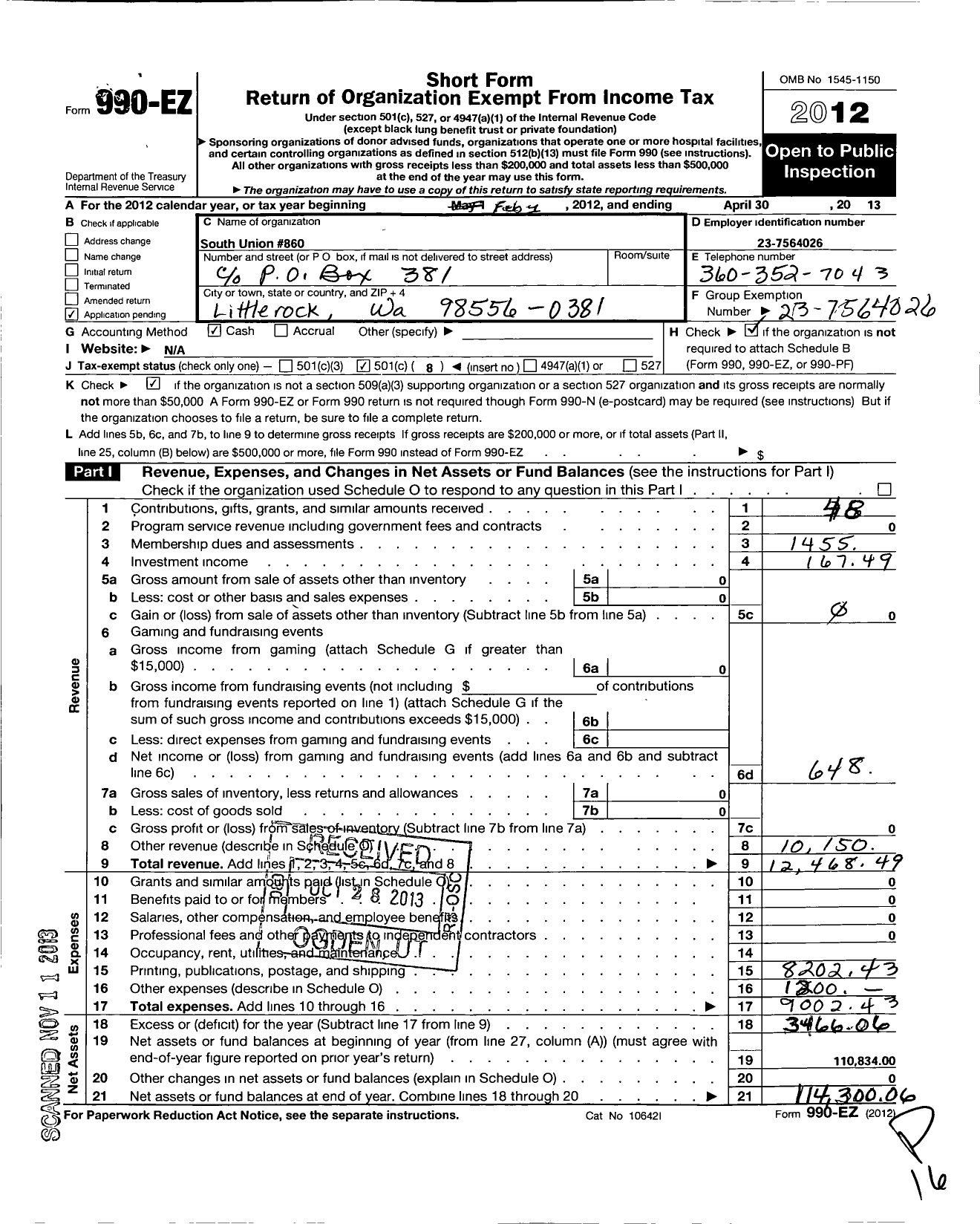 Image of first page of 2012 Form 990EO for Washington State Grange - 860 South Union Grange