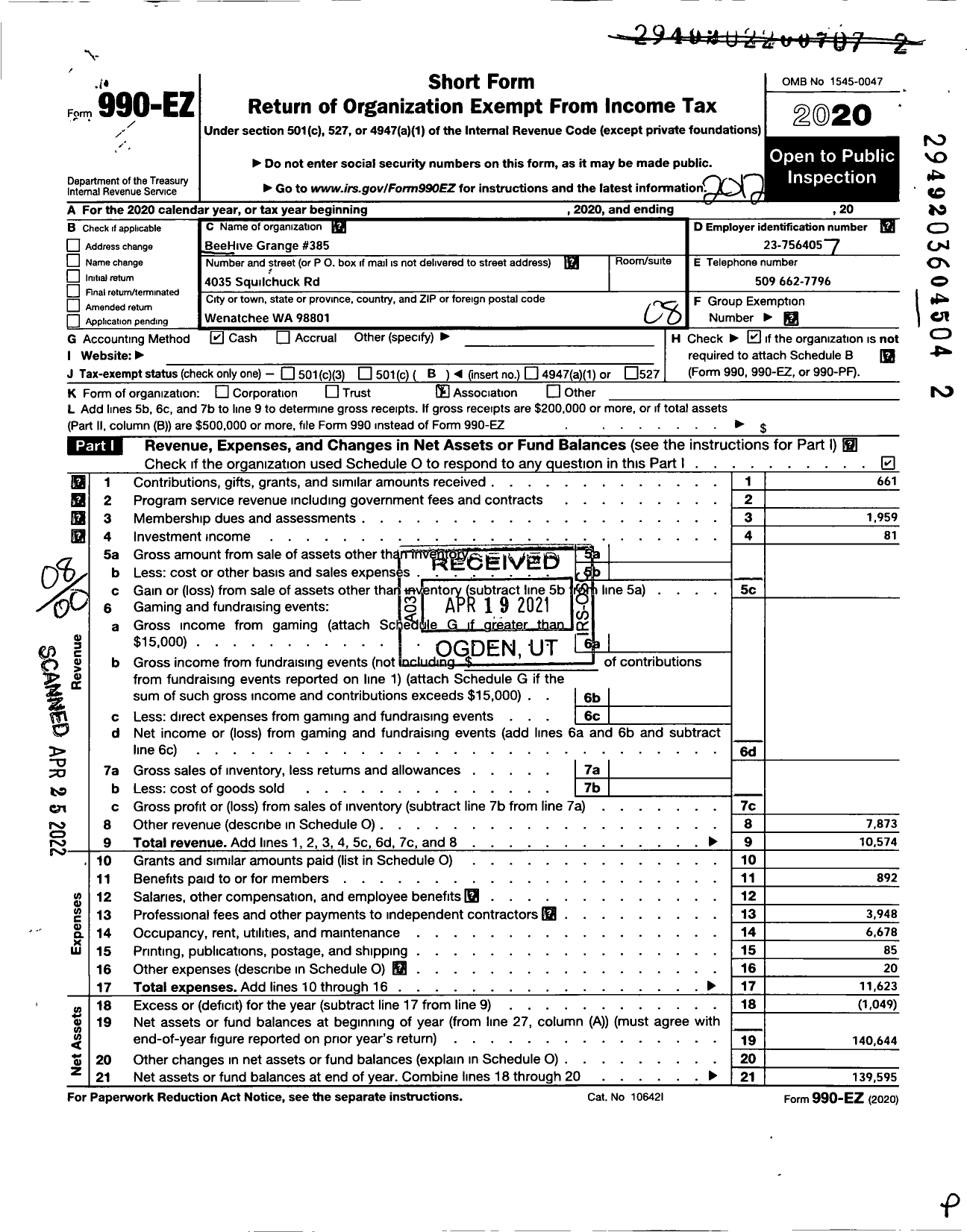 Image of first page of 2020 Form 990EO for Washington State Grange / 385 Bee Hive