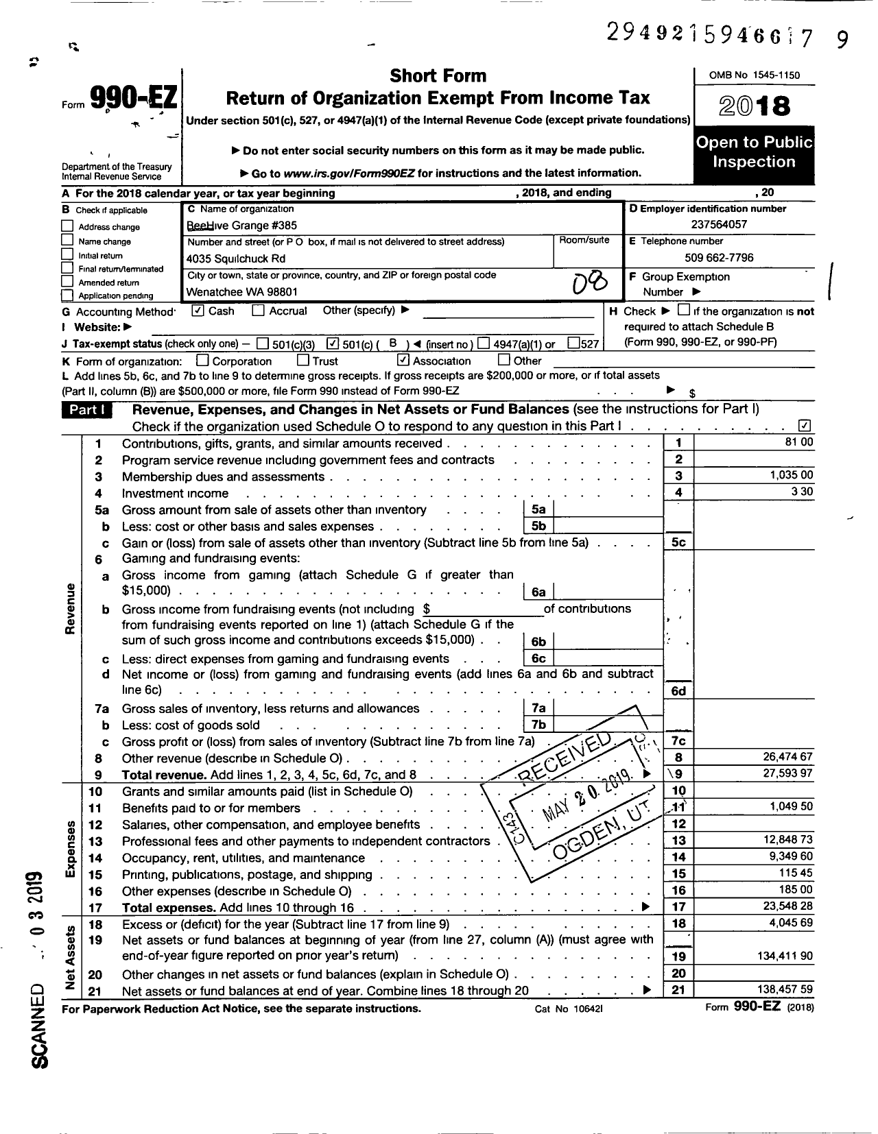 Image of first page of 2018 Form 990EO for Washington State Grange / 385 Bee Hive