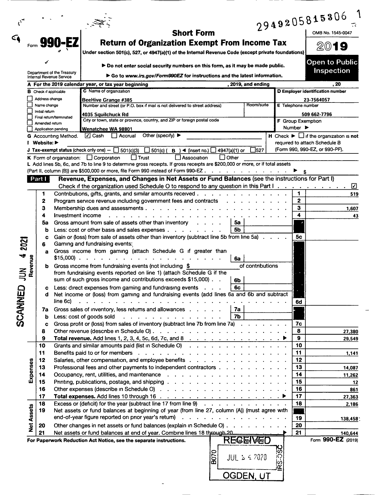 Image of first page of 2019 Form 990EO for Washington State Grange / 385 Bee Hive