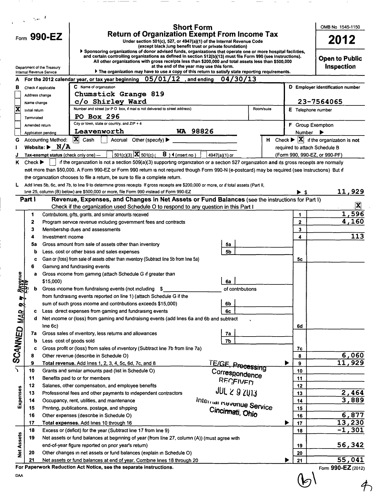 Image of first page of 2012 Form 990EO for Washington State Grange