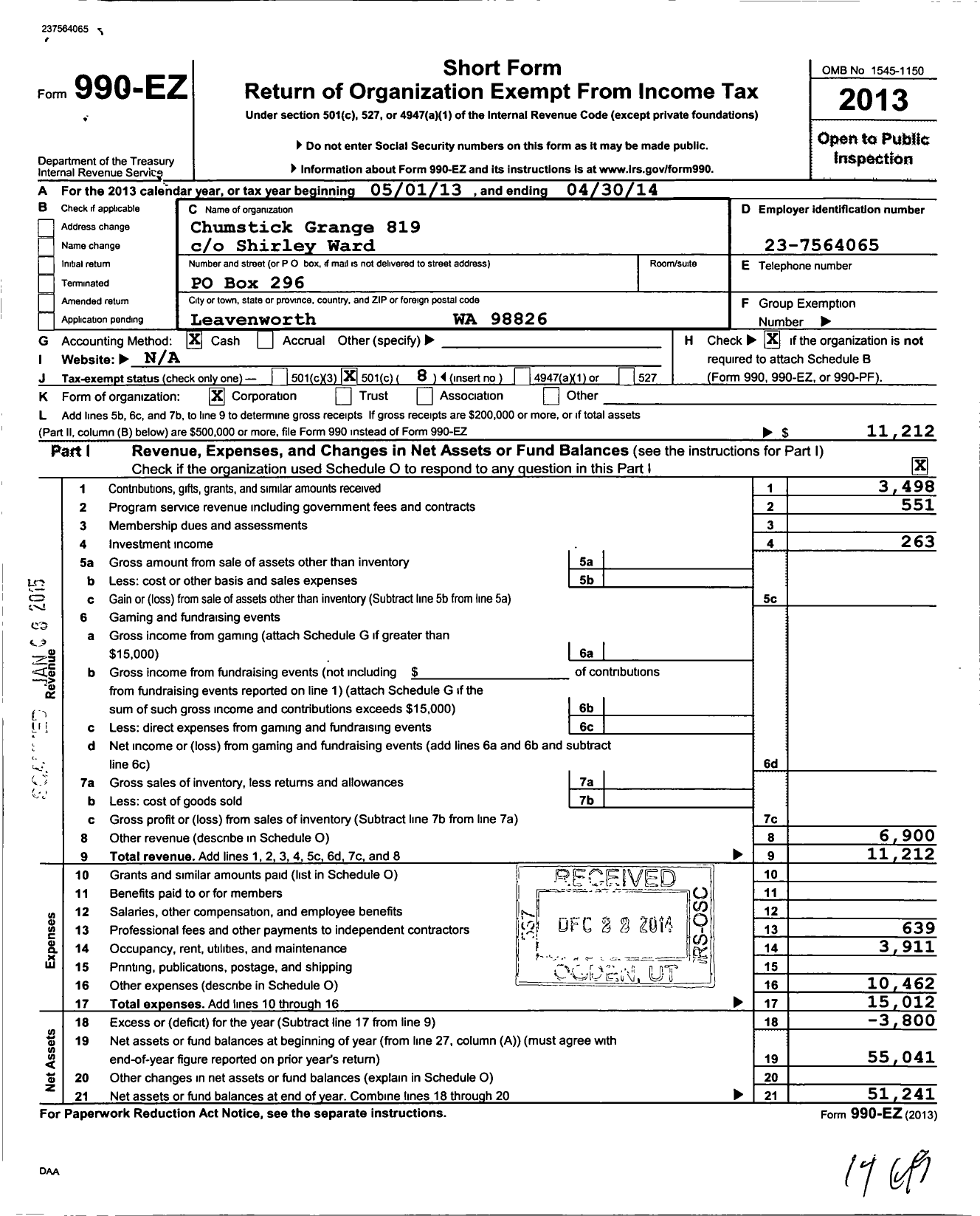 Image of first page of 2013 Form 990EO for Washington State Grange