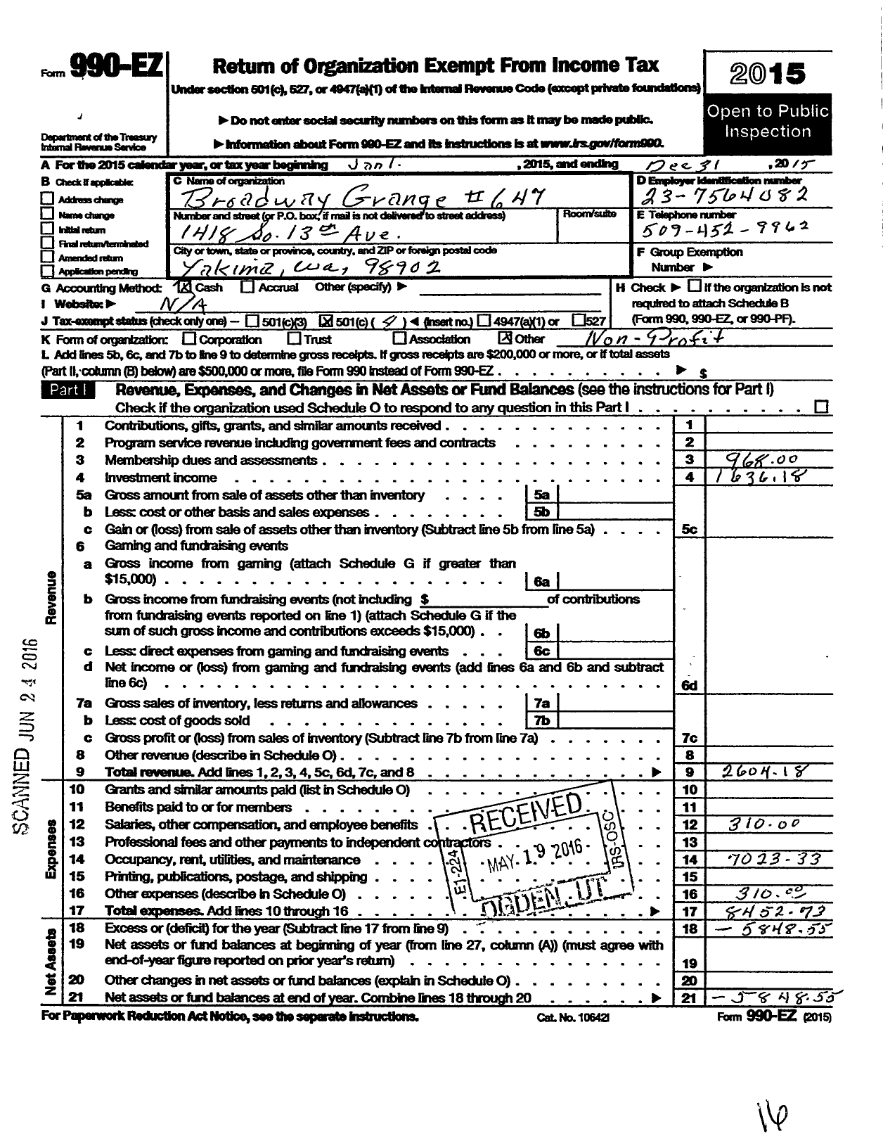 Image of first page of 2015 Form 990EO for Washington State Grange - 647 Broadway