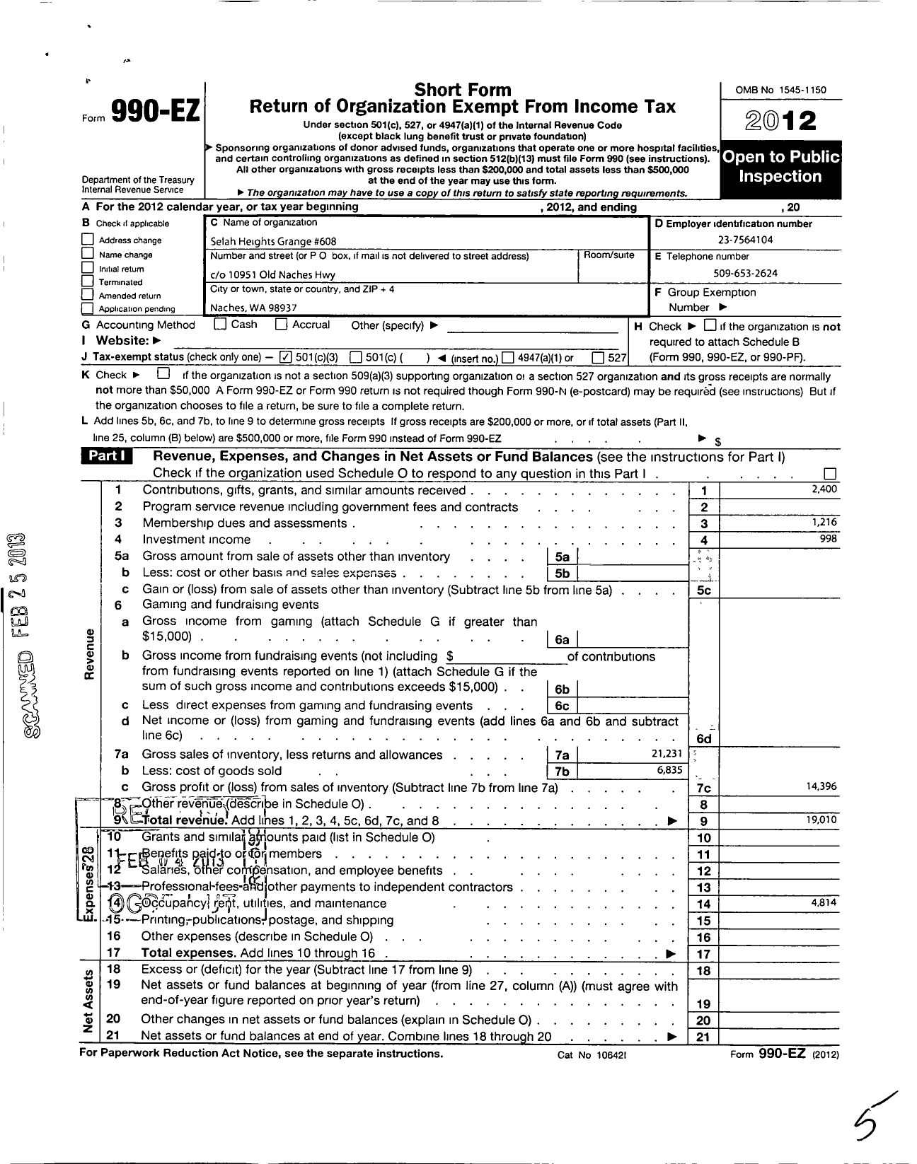 Image of first page of 2012 Form 990EZ for Washington State Grange - 608 Selah Heights