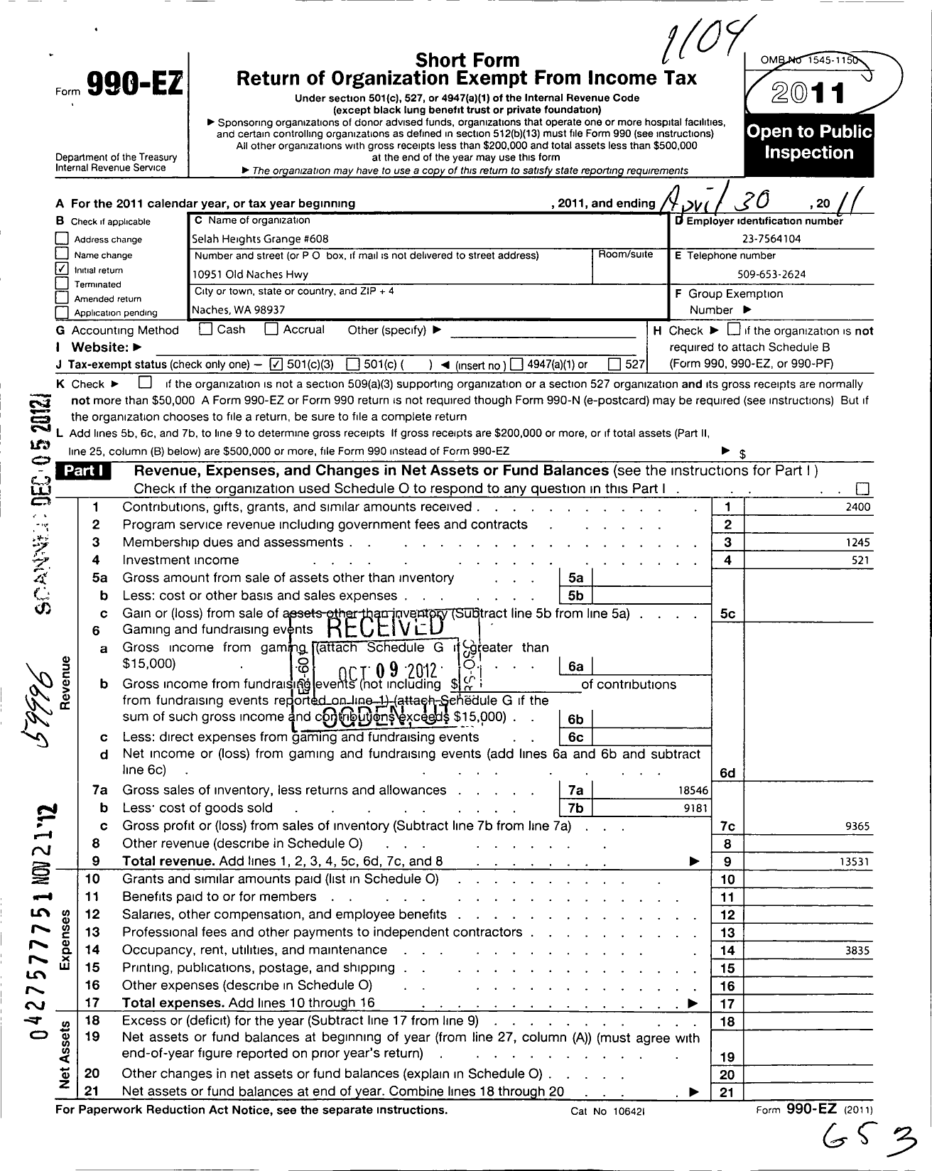 Image of first page of 2010 Form 990EZ for Washington State Grange - 608 Selah Heights