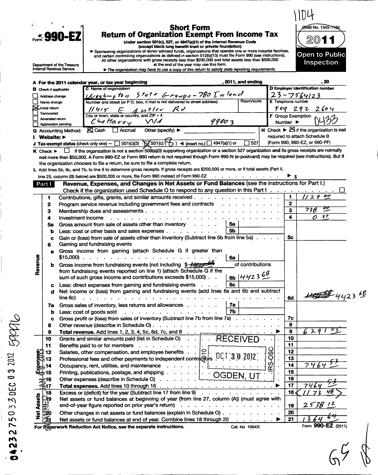 Image of first page of 2010 Form 990EO for Washington State Grange - 780 Inland