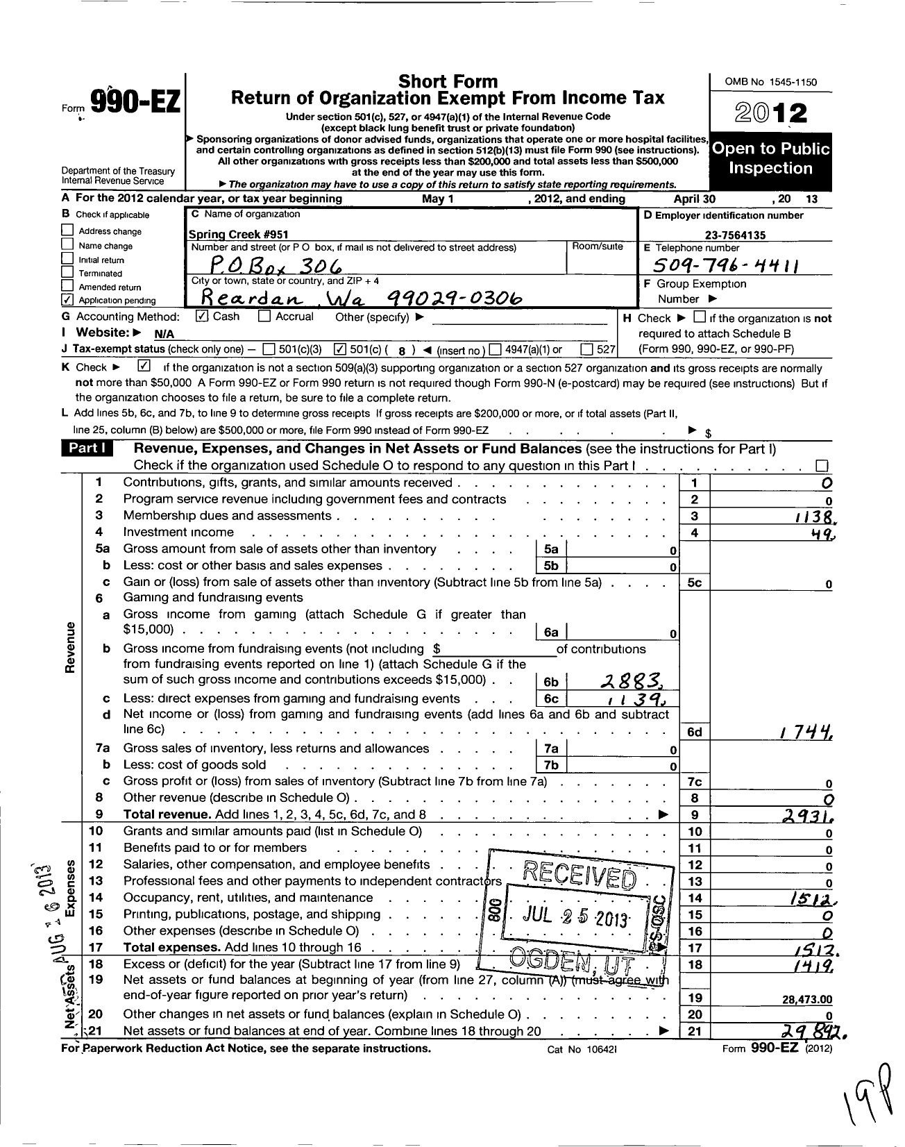 Image of first page of 2012 Form 990EO for Washington State Grange / 951 Spring Creek