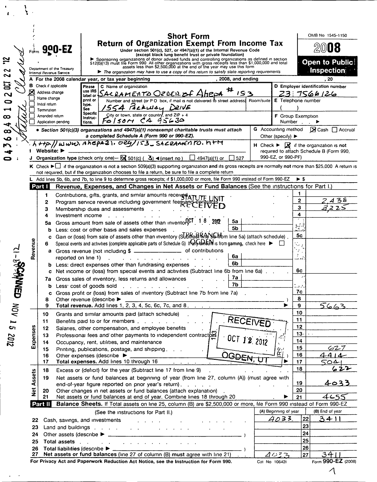 Image of first page of 2008 Form 990EZ for Order of Ahepa - 153 Chapter