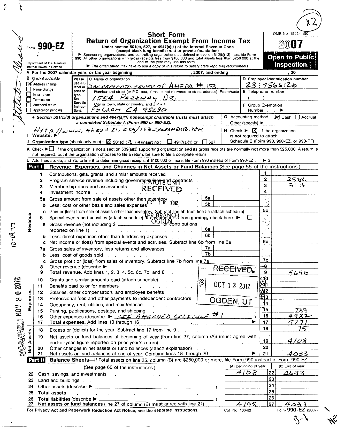 Image of first page of 2007 Form 990EZ for Order of Ahepa - 153 Chapter