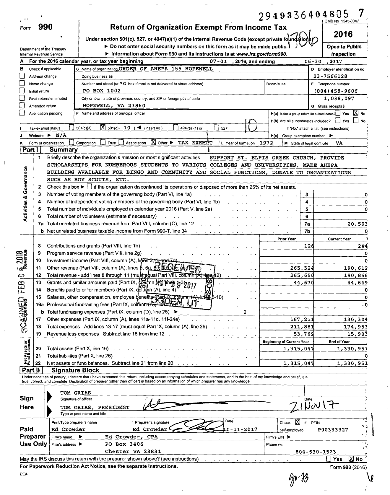 Image of first page of 2016 Form 990O for Order of Ahepa 155 Hopewell