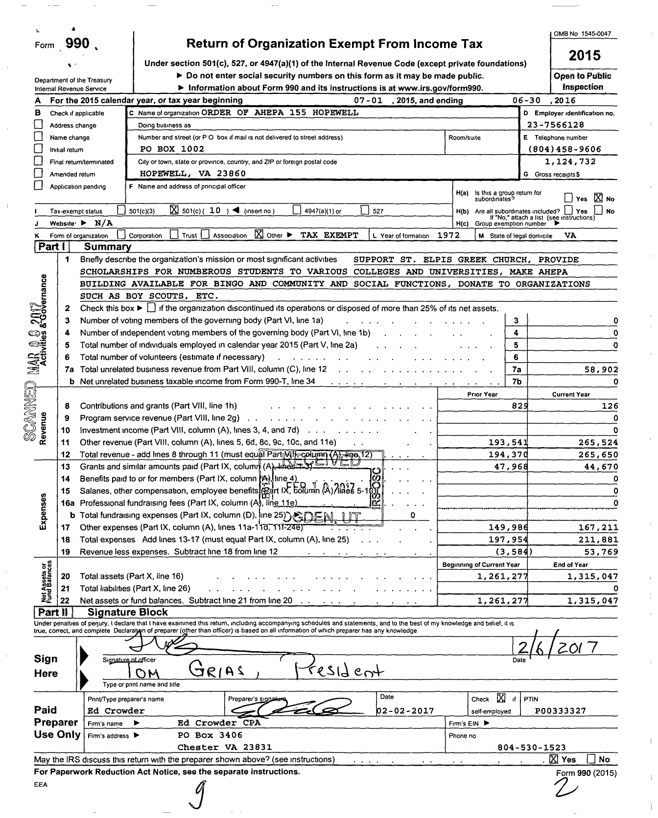 Image of first page of 2015 Form 990O for Order of Ahepa 155 Hopewell