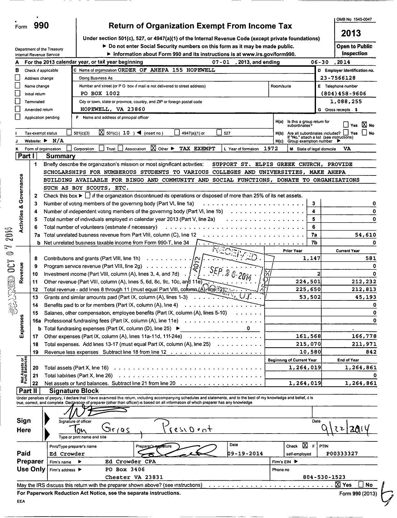 Image of first page of 2013 Form 990O for Order of Ahepa 155 Hopewell