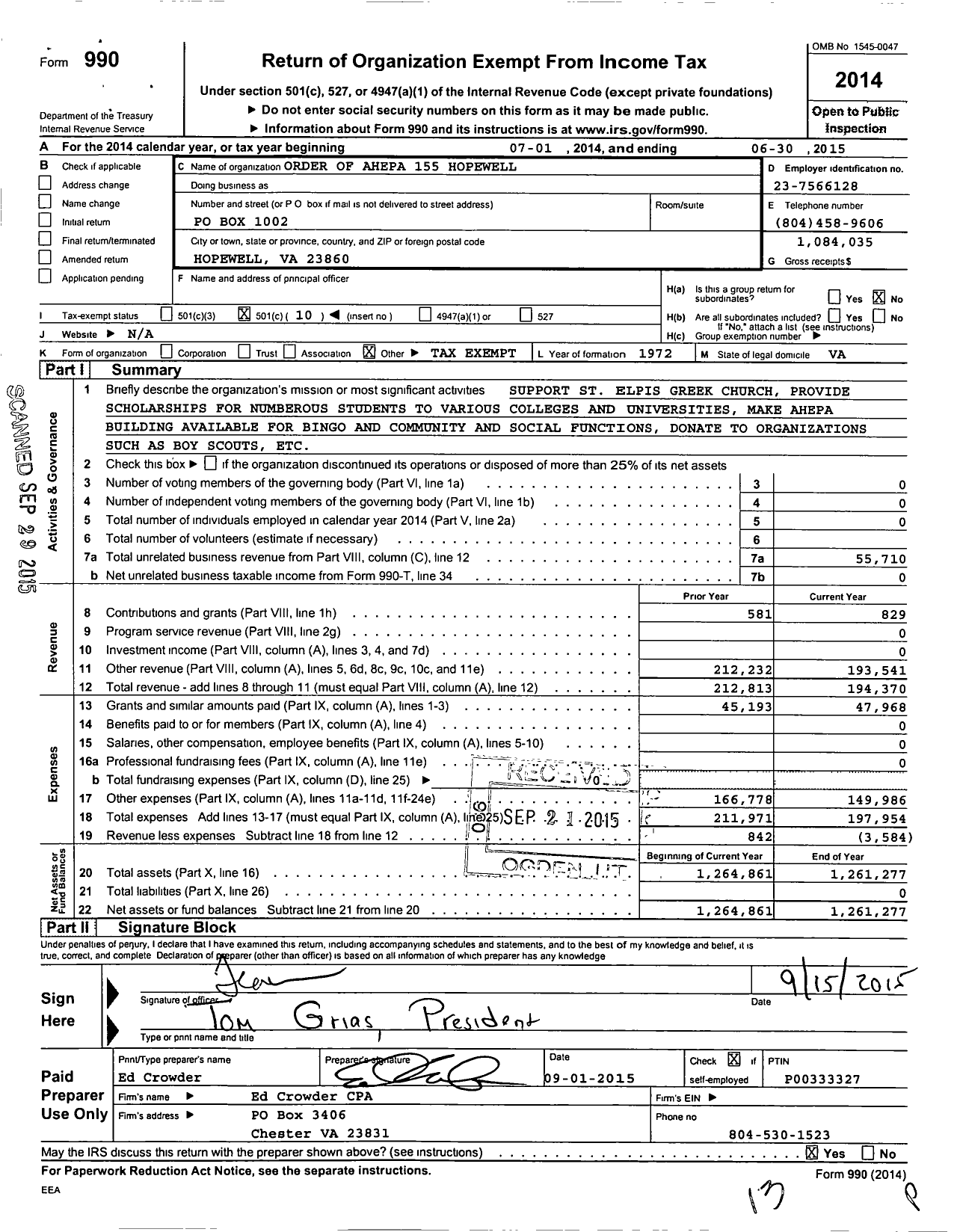 Image of first page of 2014 Form 990O for Order of Ahepa 155 Hopewell