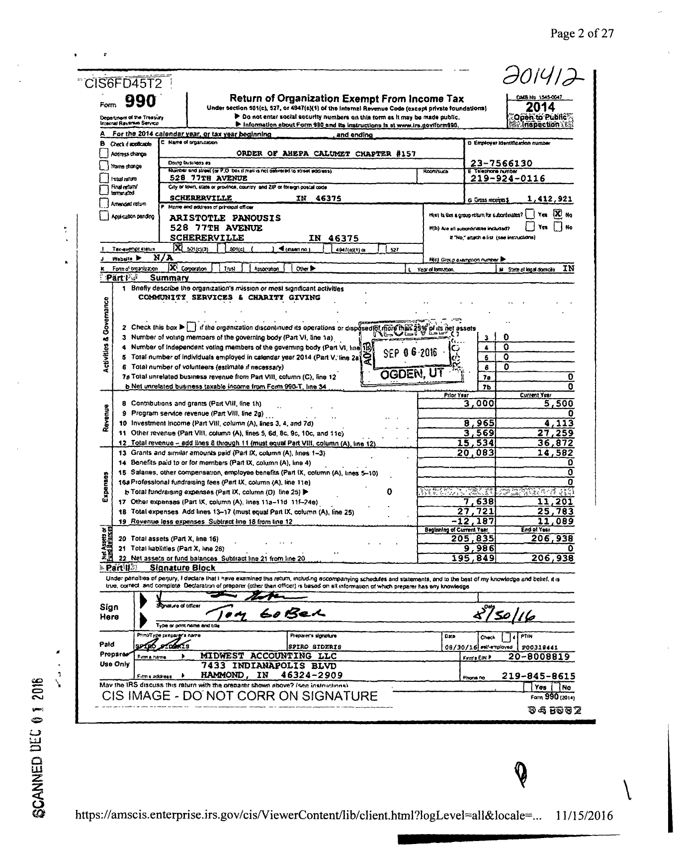 Image of first page of 2014 Form 990 for Order of Ahepa - 157 Chapter