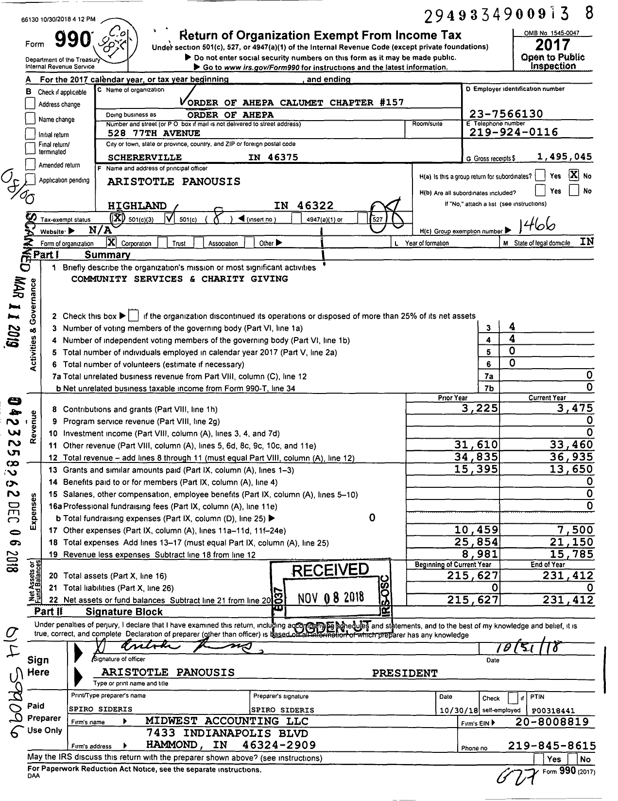 Image of first page of 2017 Form 990O for Order of Ahepa - 157 Chapter