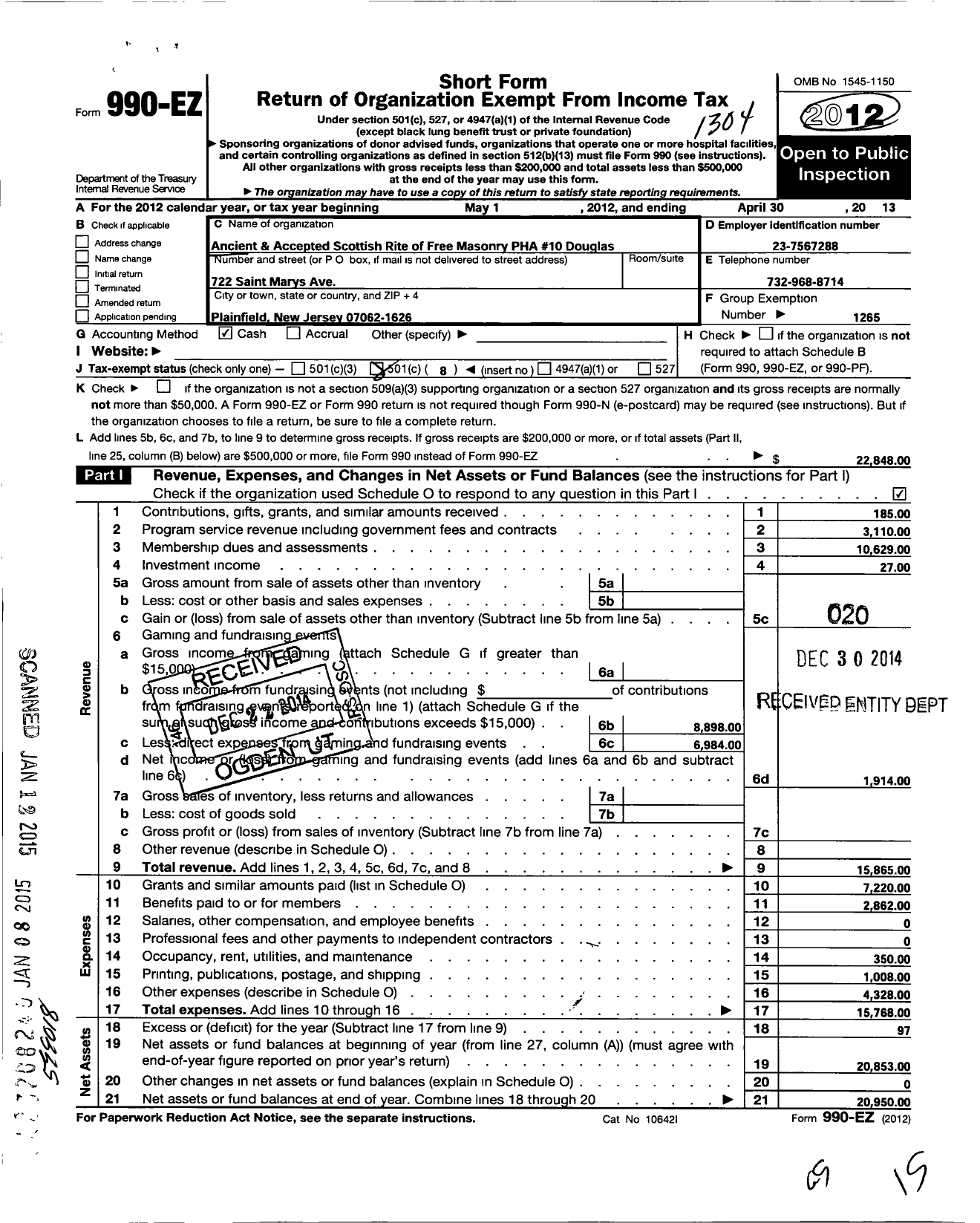 Image of first page of 2012 Form 990EO for Ancient and Accepted Scottish Rite of Free Masonry Prince Hall Affili - 10 Douglas