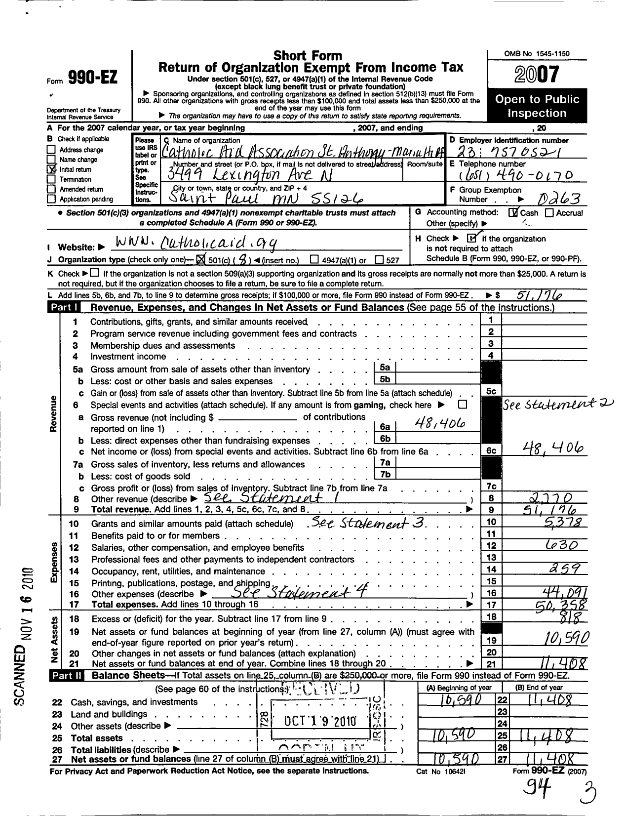 Image of first page of 2007 Form 990EO for Catholic United Financial - 33 St Anthony and Maria Hilf