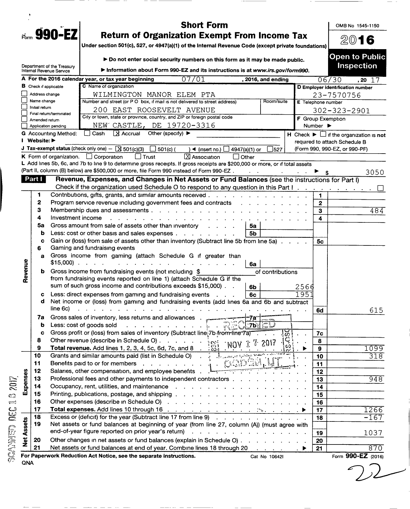 Image of first page of 2016 Form 990EZ for PTA Wilmington Manor Elem
