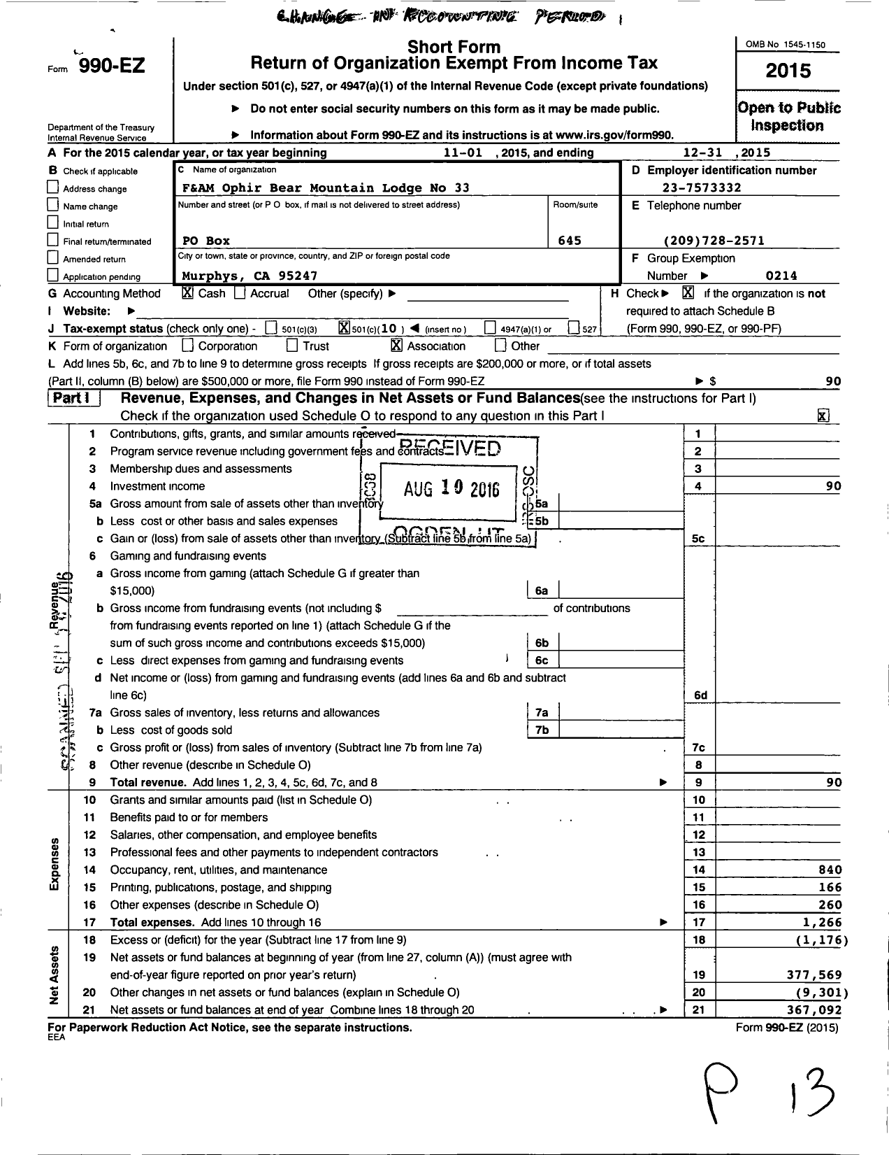 Image of first page of 2015 Form 990EO for Masons of California - 33 Ophir-Bear Mountain