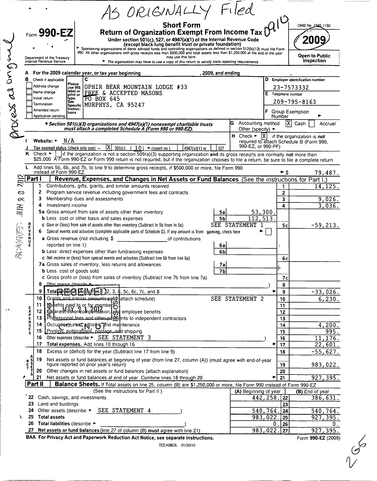 Image of first page of 2008 Form 990EO for Masons of California - 33 Ophir-Bear Mountain