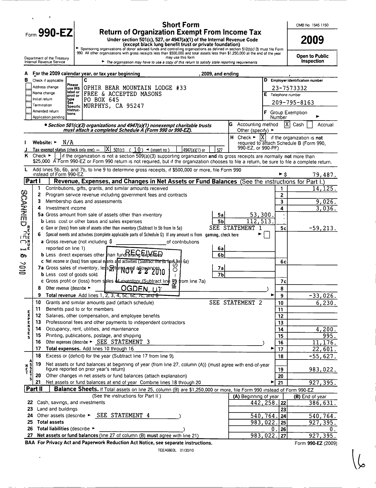 Image of first page of 2009 Form 990EO for Masons of California - 33 Ophir-Bear Mountain