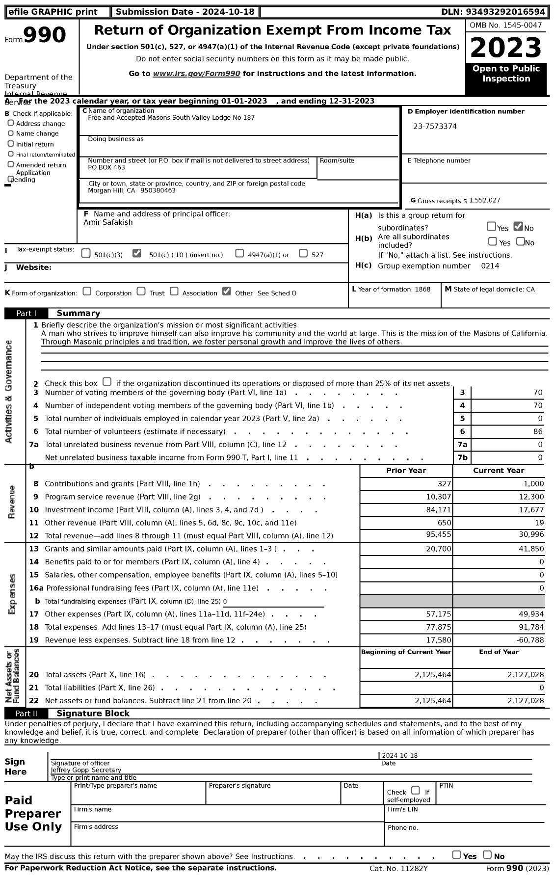 Image of first page of 2023 Form 990 for Masons of California - 187 South Valley Lodge