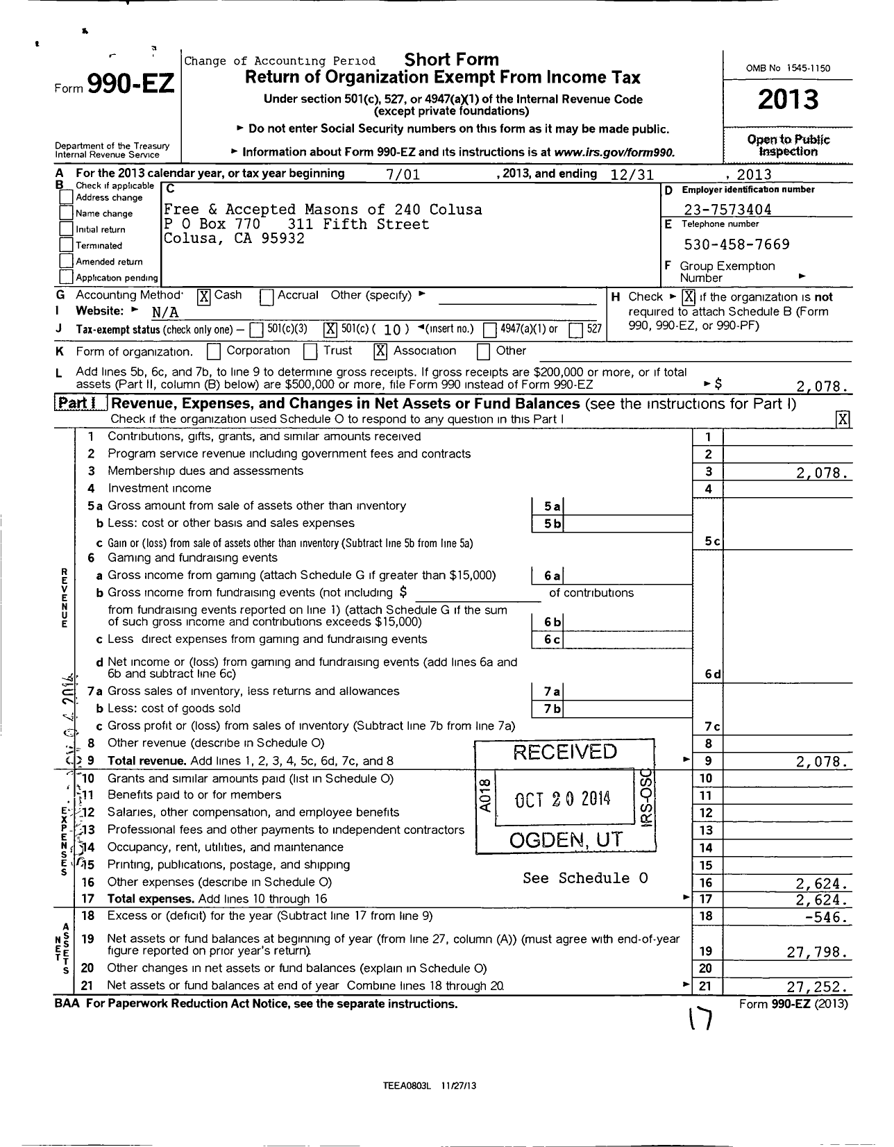 Image of first page of 2013 Form 990EO for Masons of California - 240 Colusa