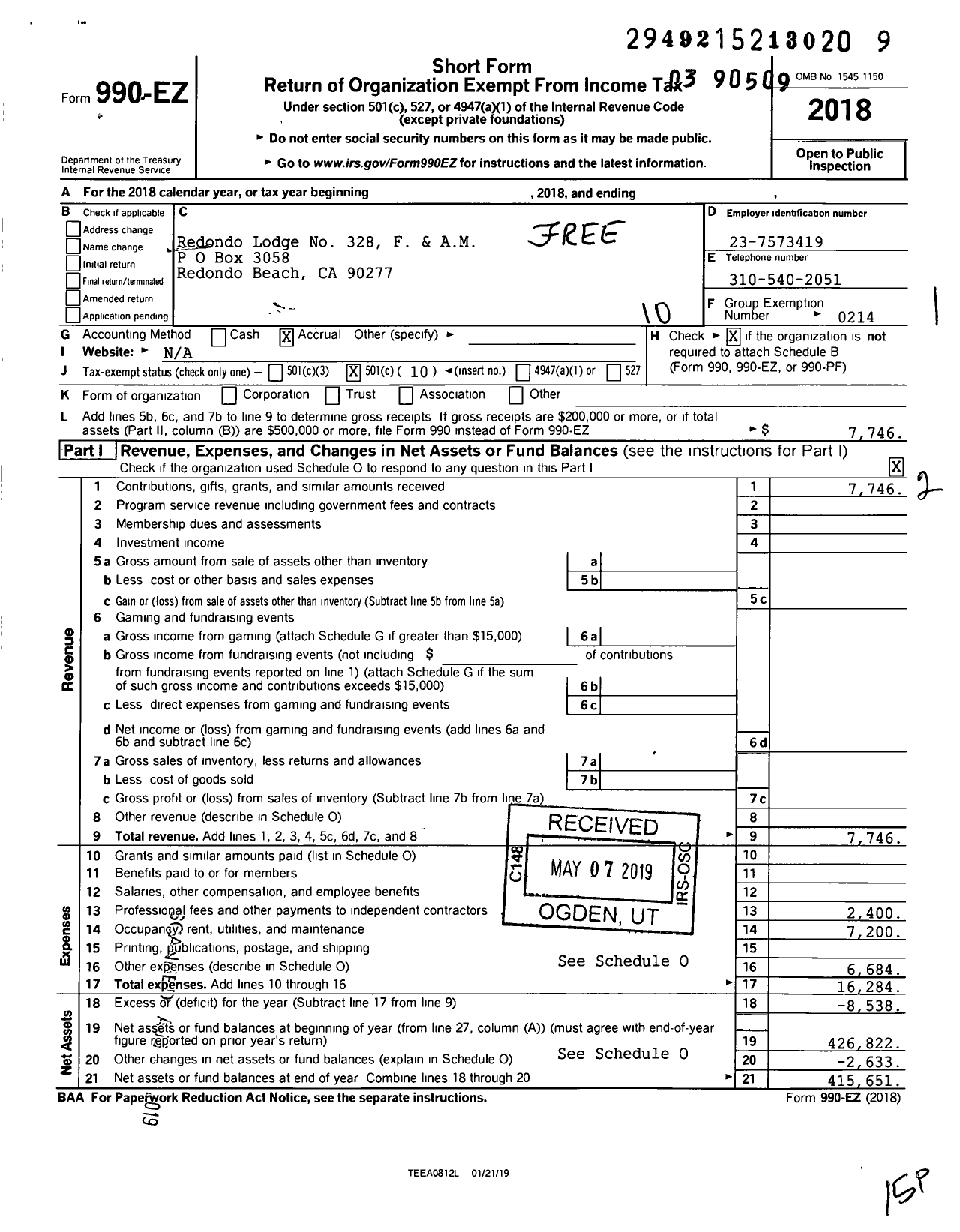 Image of first page of 2018 Form 990EO for Masons of California - 328 Redondo Lodge