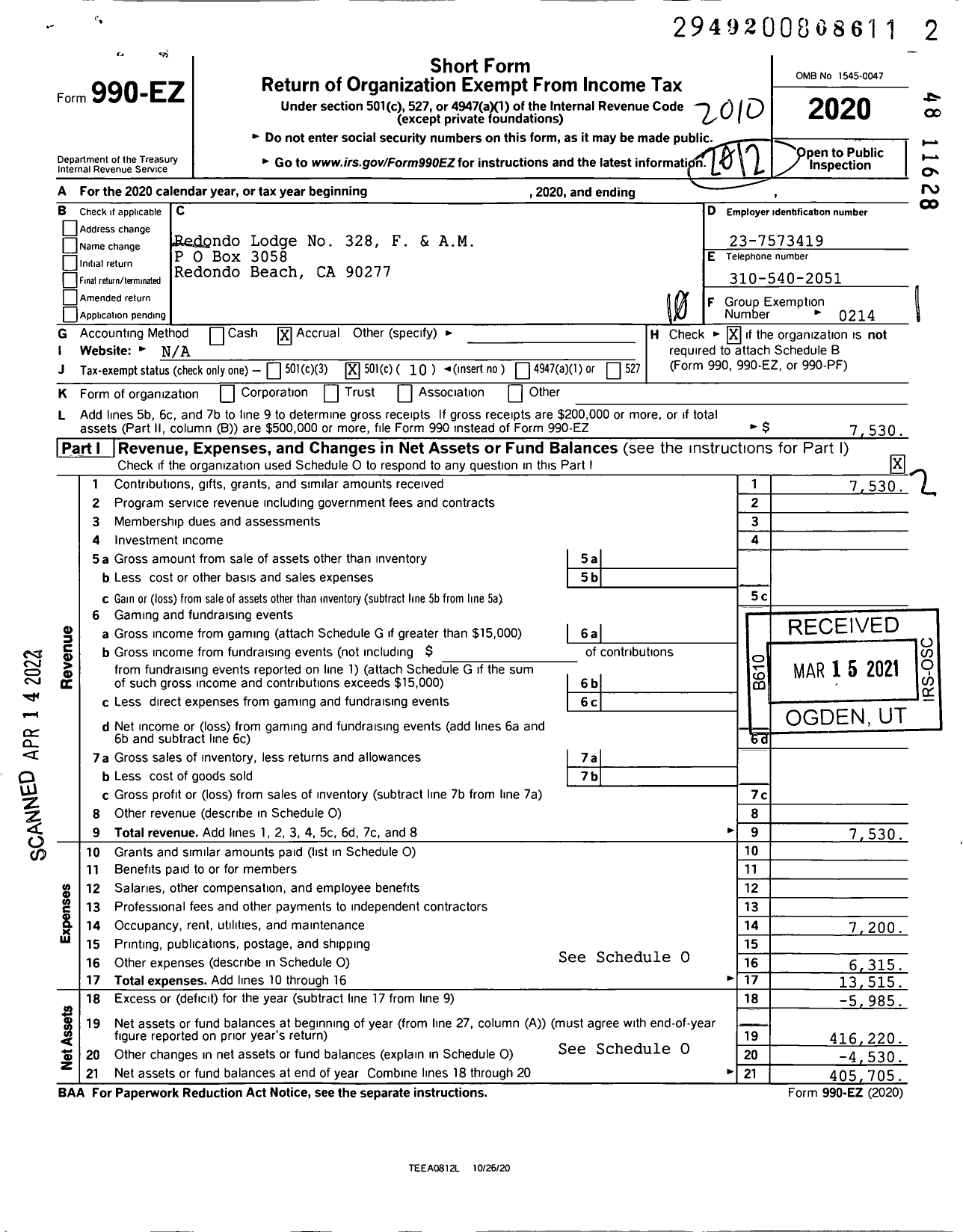 Image of first page of 2019 Form 990EO for Masons of California - 328 Redondo Lodge