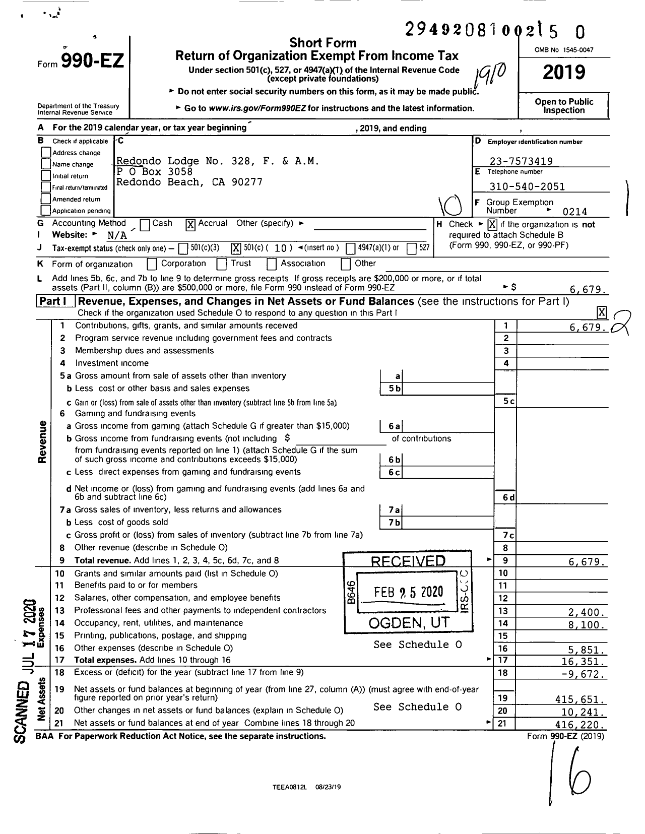 Image of first page of 2018 Form 990EO for Masons of California - 328 Redondo Lodge