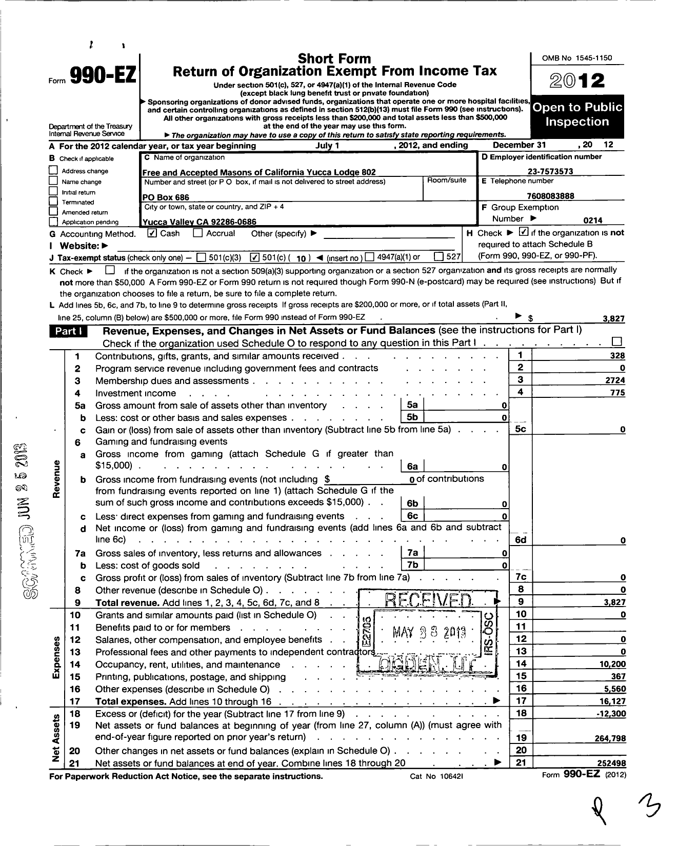 Image of first page of 2012 Form 990EO for Masons of California - 802 Yucca Valley