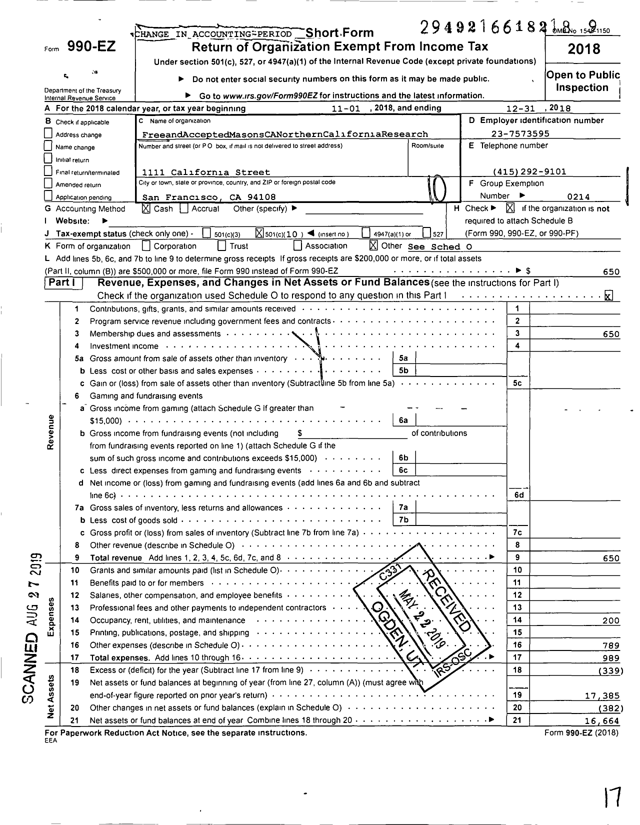 Image of first page of 2018 Form 990EO for Masons of California - 1003 Northern California Research