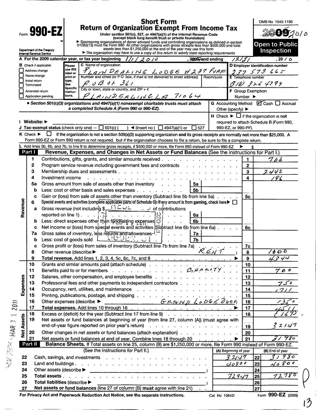 Image of first page of 2010 Form 990EO for Free and Accepted Masons of Louisiana Grand Lodge - 237 Plain Dealing Lodge