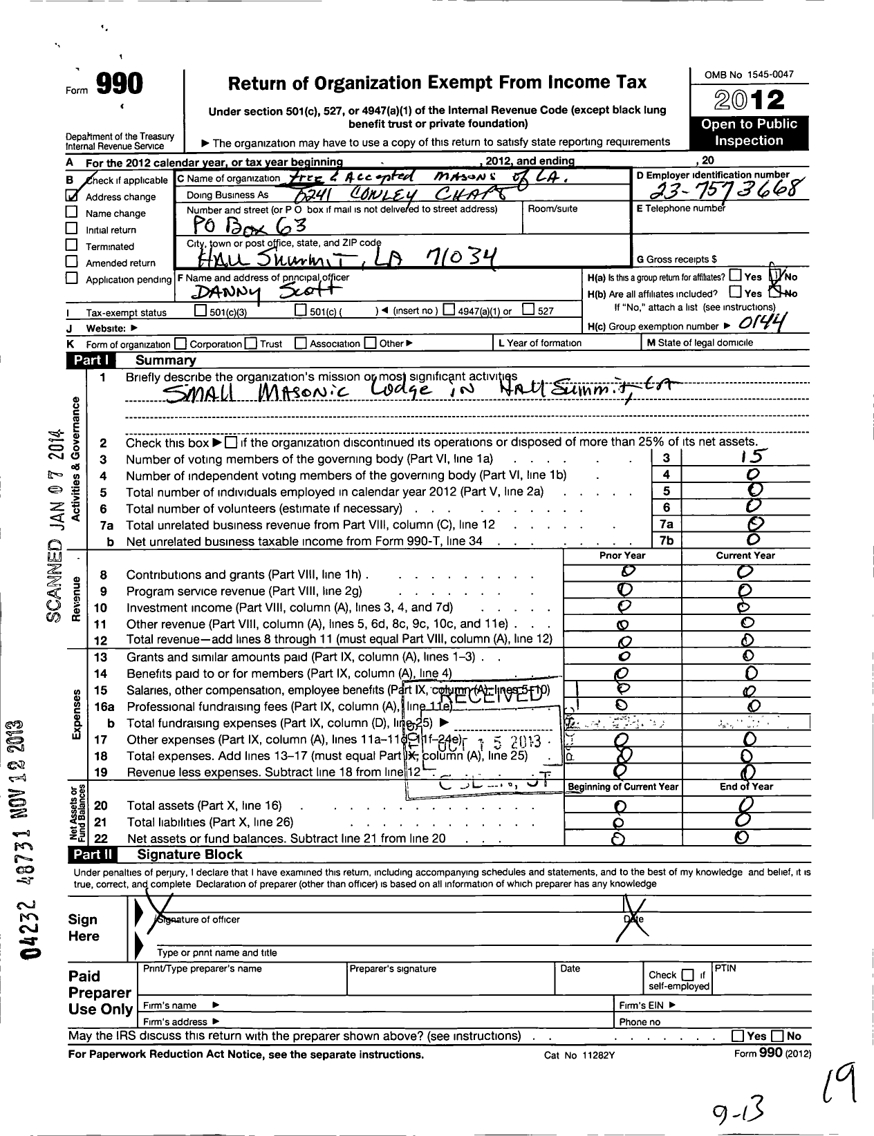 Image of first page of 2012 Form 990O for Free and Accepted Masons of Louisiana Grand Lodge - 0241 Conly