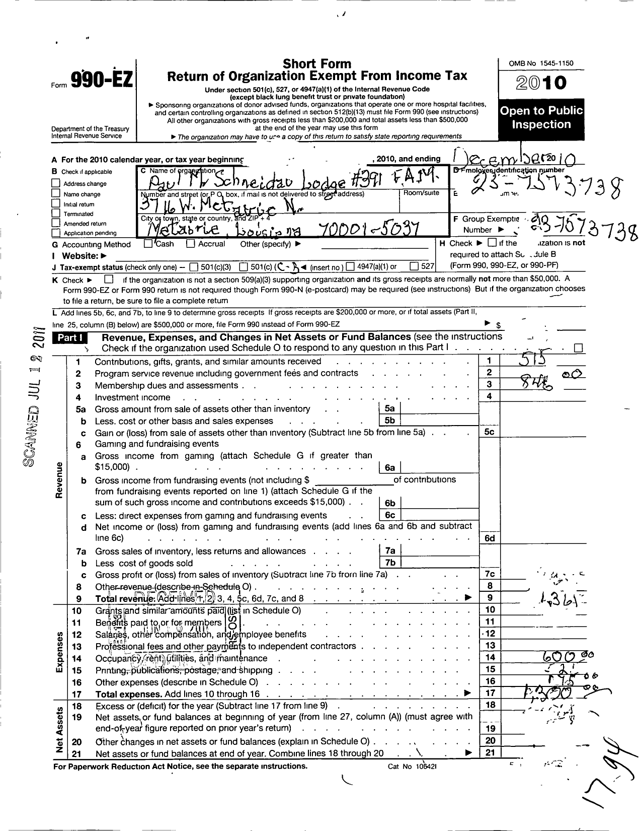 Image of first page of 2010 Form 990EZ for Free and Accepted Masons of Louisiana Grand Lodge - 391 Paul M Schneidau Lodge