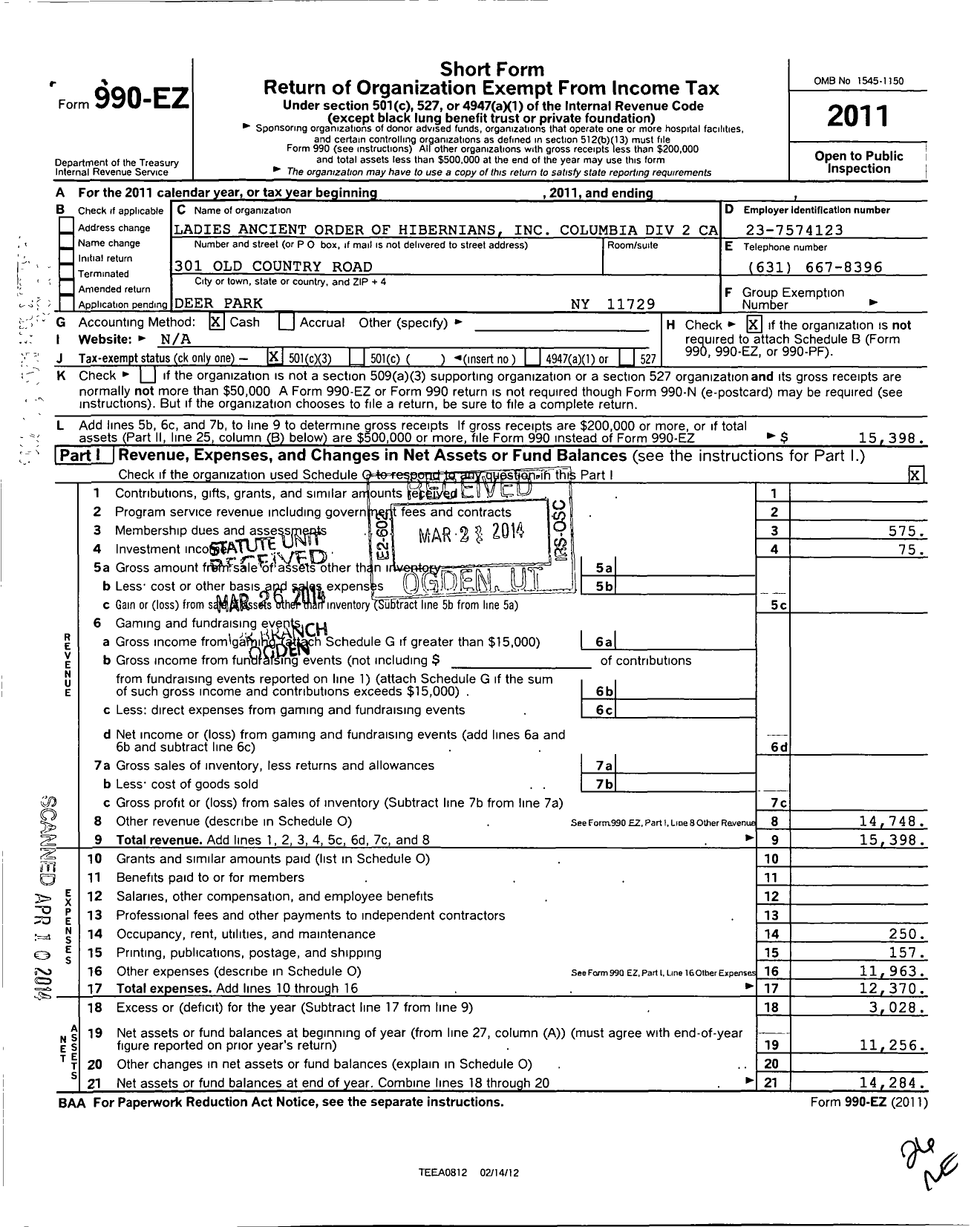 Image of first page of 2011 Form 990EZ for Ancient Order of Hibernians Ladies / 2 Div San Francisco Ca