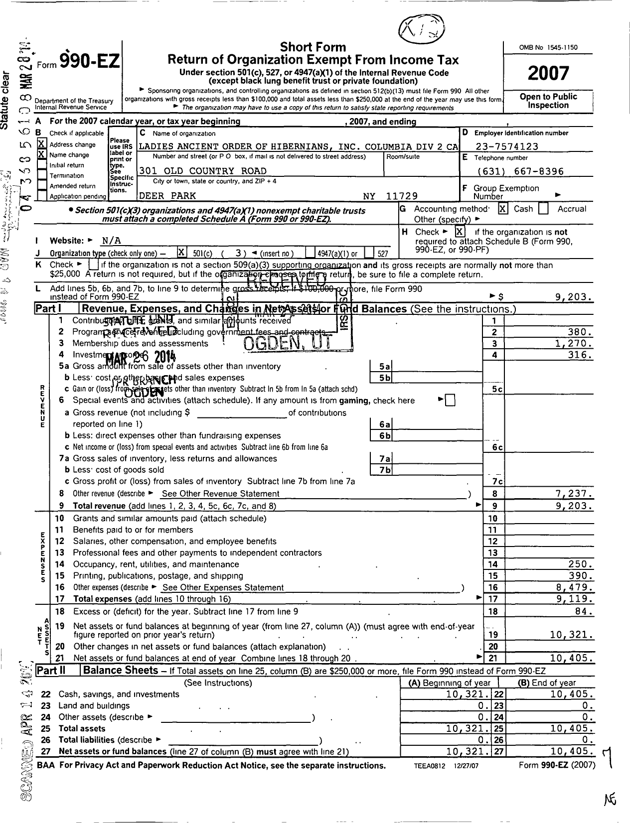 Image of first page of 2007 Form 990EZ for Ancient Order of Hibernians Ladies / 2 Div San Francisco Ca