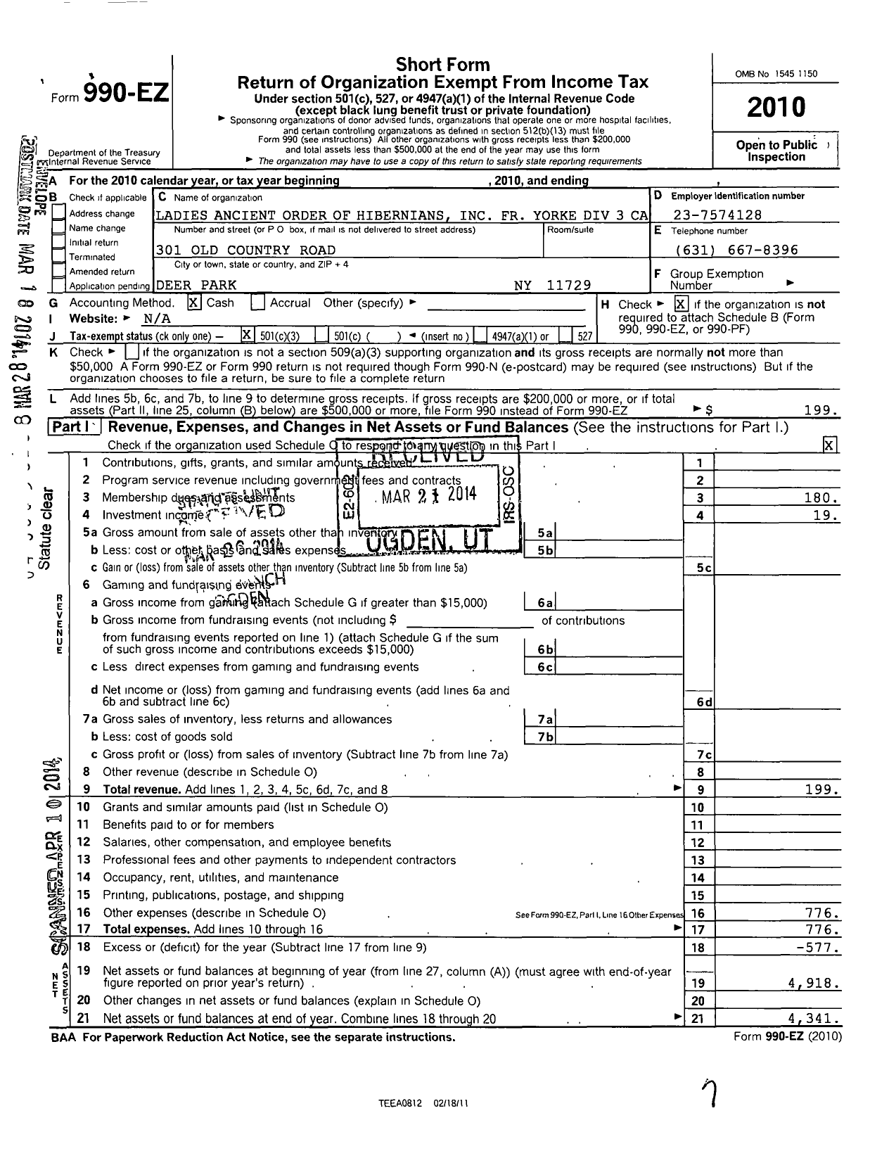 Image of first page of 2010 Form 990EZ for Ancient Order of Hibernians Ladies / 3 Div San Francisco Ca