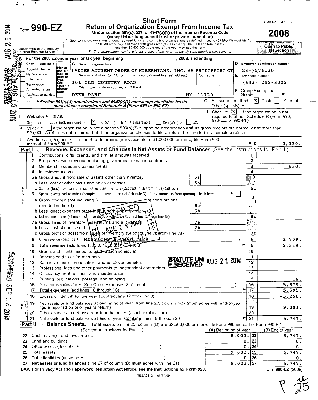 Image of first page of 2008 Form 990EO for Ancient Order of Hibernians Ladies