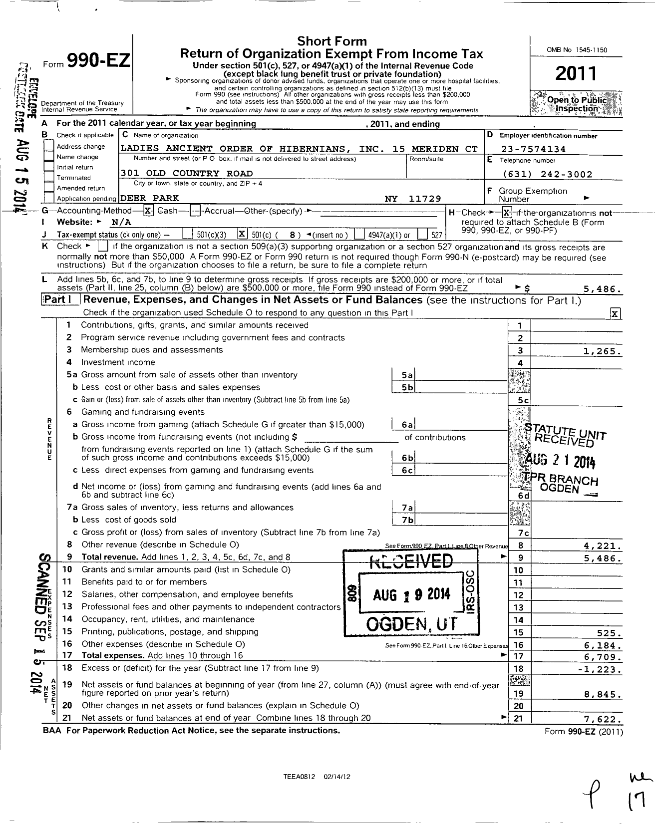 Image of first page of 2011 Form 990EO for Ancient Order of Hibernians Ladies