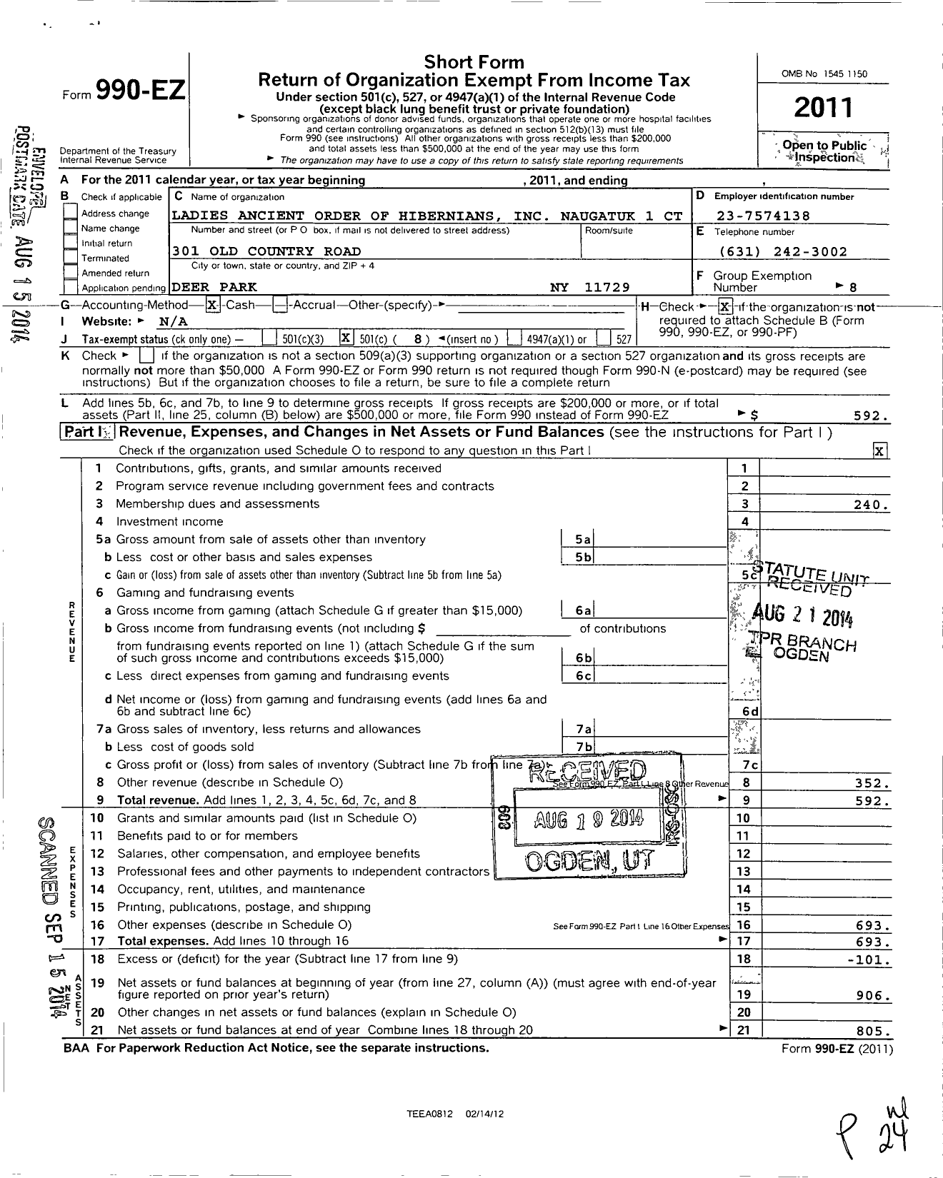 Image of first page of 2011 Form 990EO for Ancient Order of Hibernians Ladies