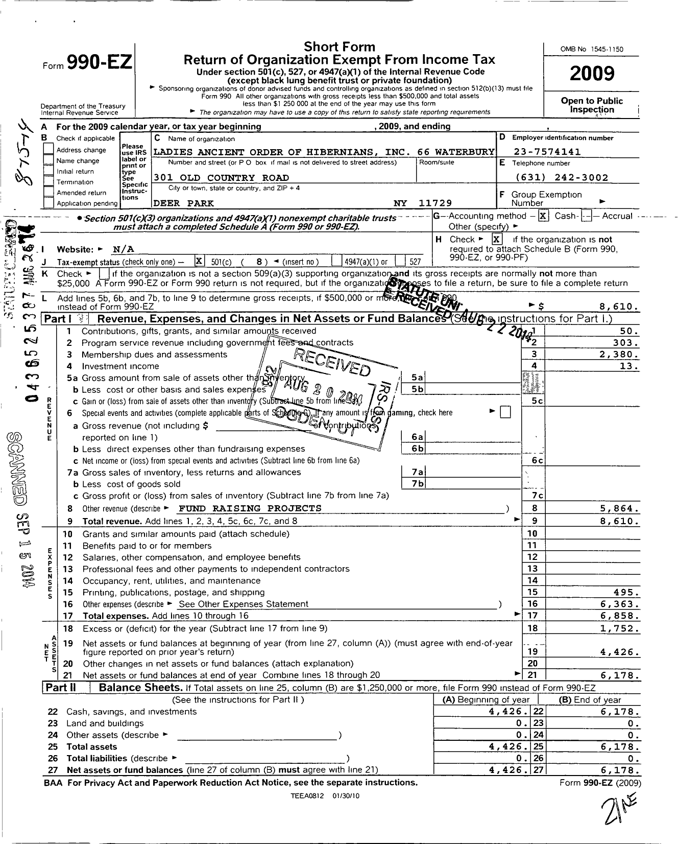 Image of first page of 2009 Form 990EO for Ancient Order of Hibernians Ladies